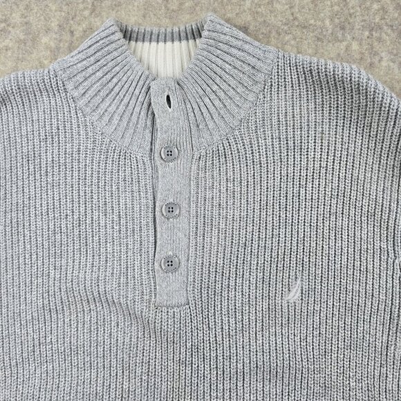 Nautica XL Gray Ribbed Cotton Mens Sweater With Button Collar - Picture 3 of 7